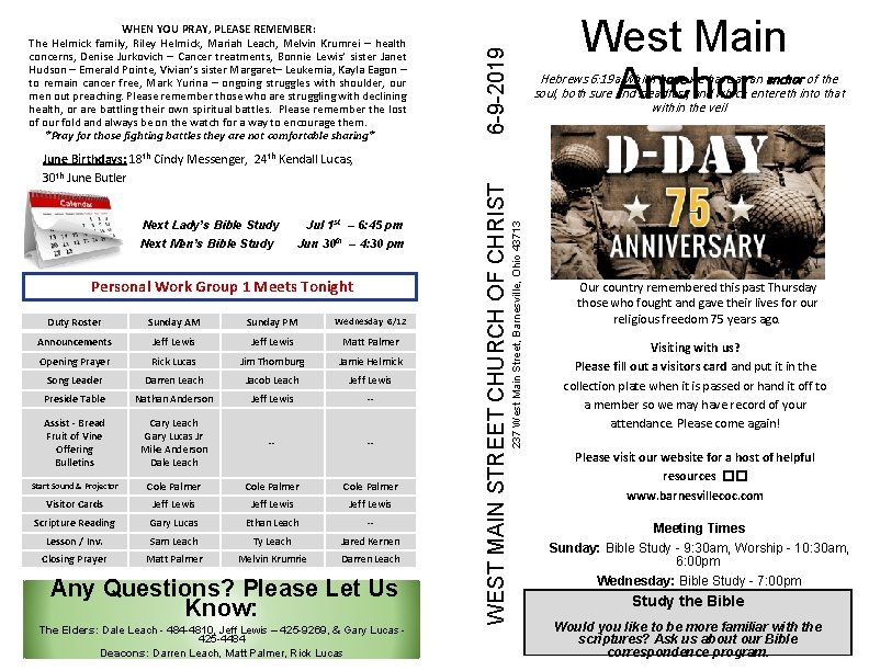 Next Lady’s Bible Study Next Men’s Bible Study Jul 1 st – 6: 45