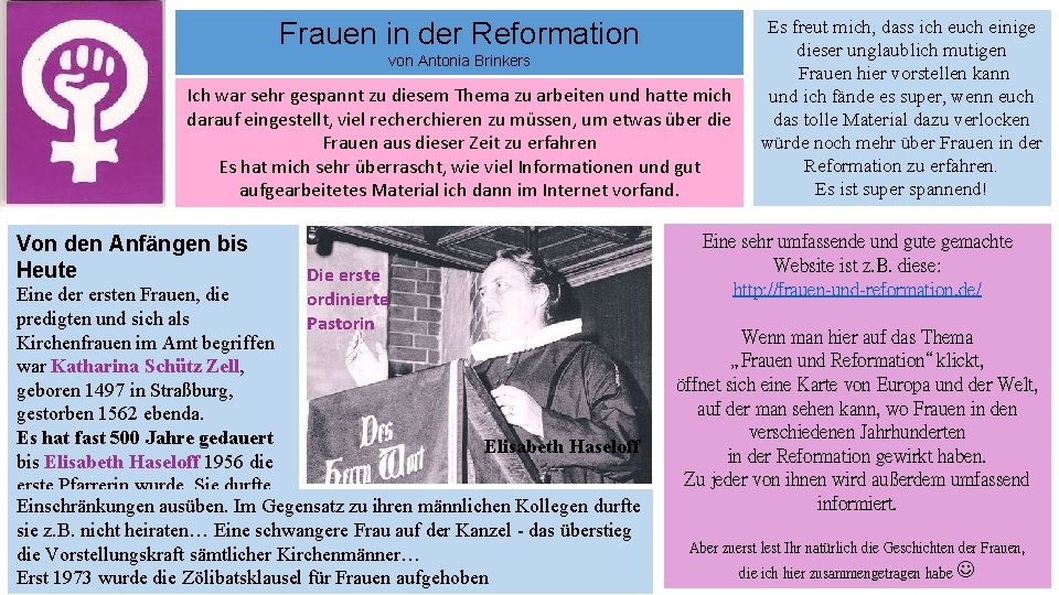 Frauen in der Reformation von Antonia Brinkers Ich war sehr gespannt zu diesem Thema
