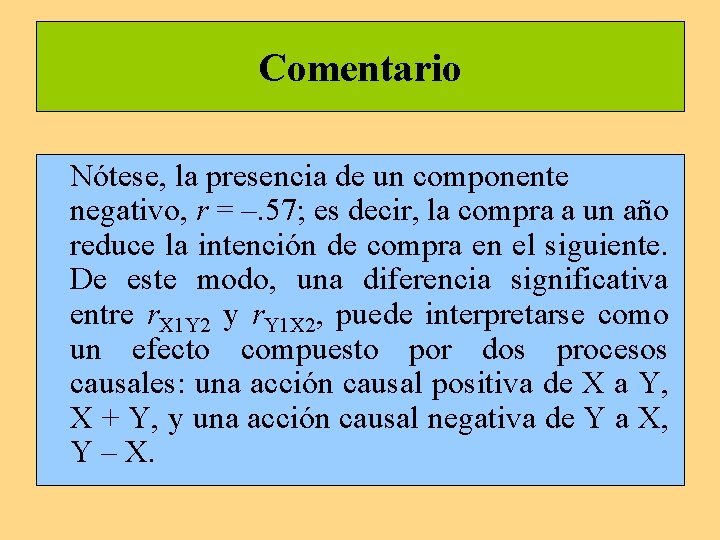 Comentario Nótese, la presencia de un componente negativo, r = –. 57; es decir,