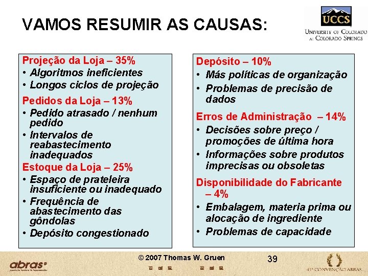 VAMOS RESUMIR AS CAUSAS: Projeção da Loja – 35% • Algoritmos ineficientes • Longos VAMOS RESUMIR AS CAUSAS: Projeção da Loja – 35% • Algoritmos ineficientes • Longos