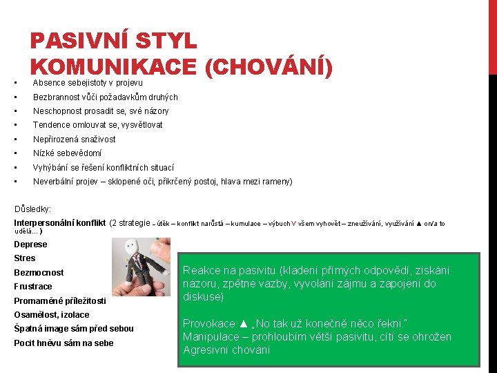  • PASIVNÍ STYL KOMUNIKACE (CHOVÁNÍ) Absence sebejistoty v projevu • Bezbrannost vůči požadavkům