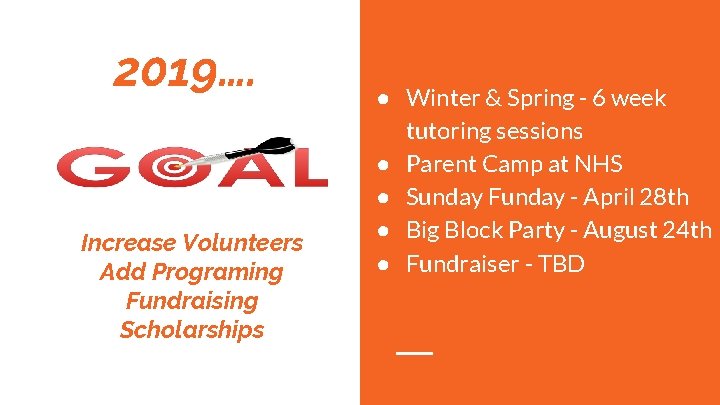 2019…. Increase Volunteers Add Programing Fundraising Scholarships ● Winter & Spring - 6 week