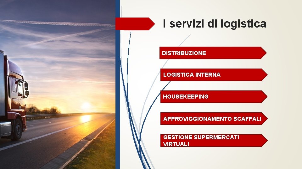 I servizi di logistica DISTRIBUZIONE LOGISTICA INTERNA HOUSEKEEPING APPROVIGGIONAMENTO SCAFFALI GESTIONE SUPERMERCATI VIRTUALI 