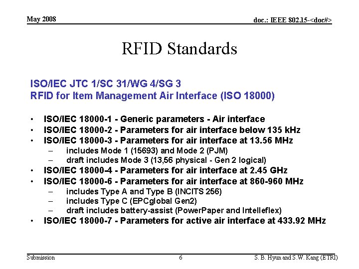 May 2008 doc. : IEEE 802. 15 -<doc#> RFID Standards ISO/IEC JTC 1/SC 31/WG