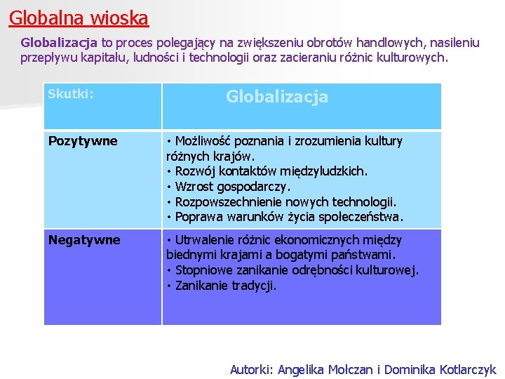 Globalna wioska Globalizacja to proces polegający na zwiększeniu obrotów handlowych, nasileniu przepływu kapitału, ludności