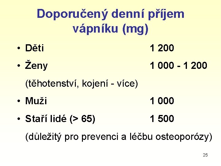 Doporučený denní příjem vápníku (mg) • Děti 1 200 • Ženy 1 000 -