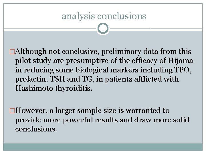 analysis conclusions �Although not conclusive, preliminary data from this pilot study are presumptive of