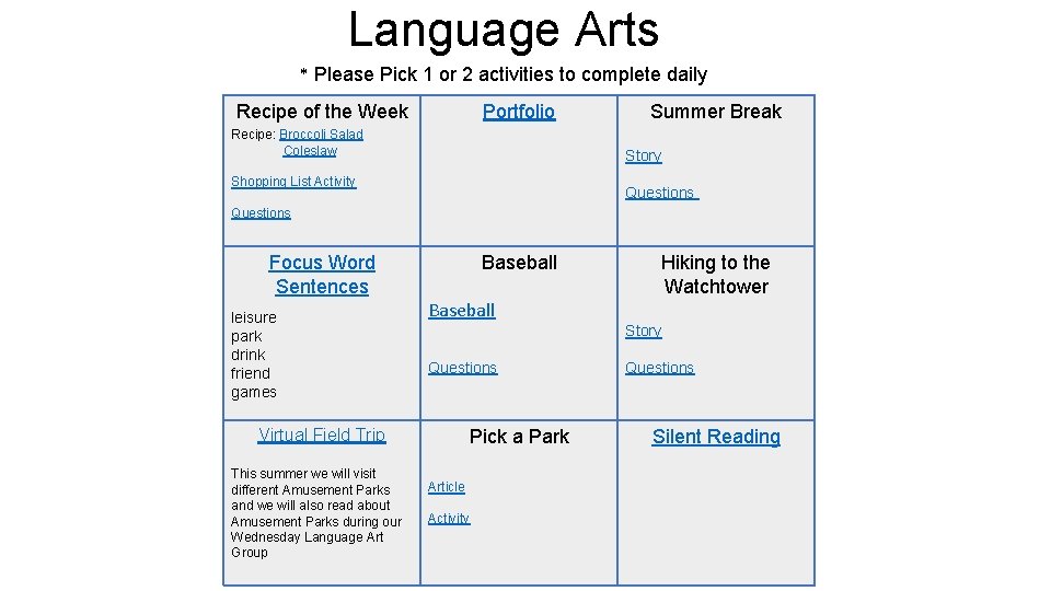 Language Arts * Please Pick 1 or 2 activities to complete daily Recipe of