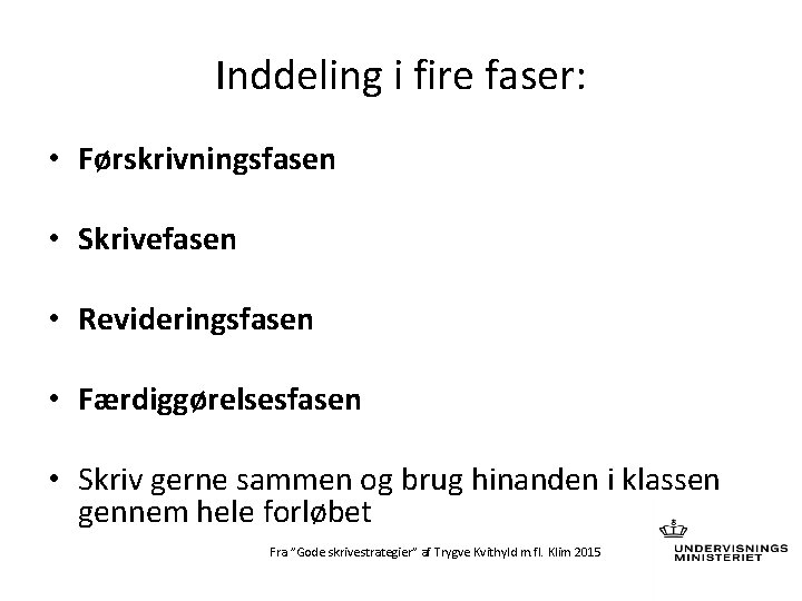 Inddeling i fire faser: • Førskrivningsfasen • Skrivefasen • Revideringsfasen • Færdiggørelsesfasen • Skriv