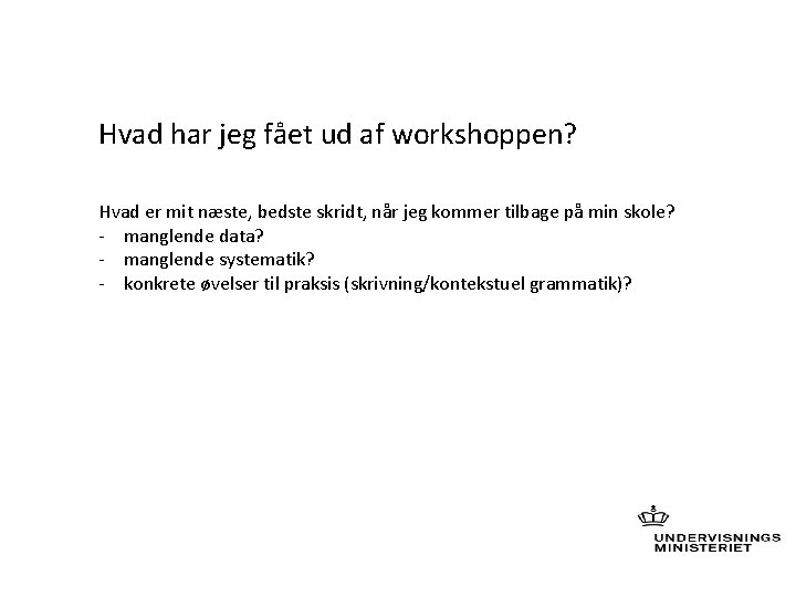 Hvad har jeg fået ud af workshoppen? Hvad er mit næste, bedste skridt, når