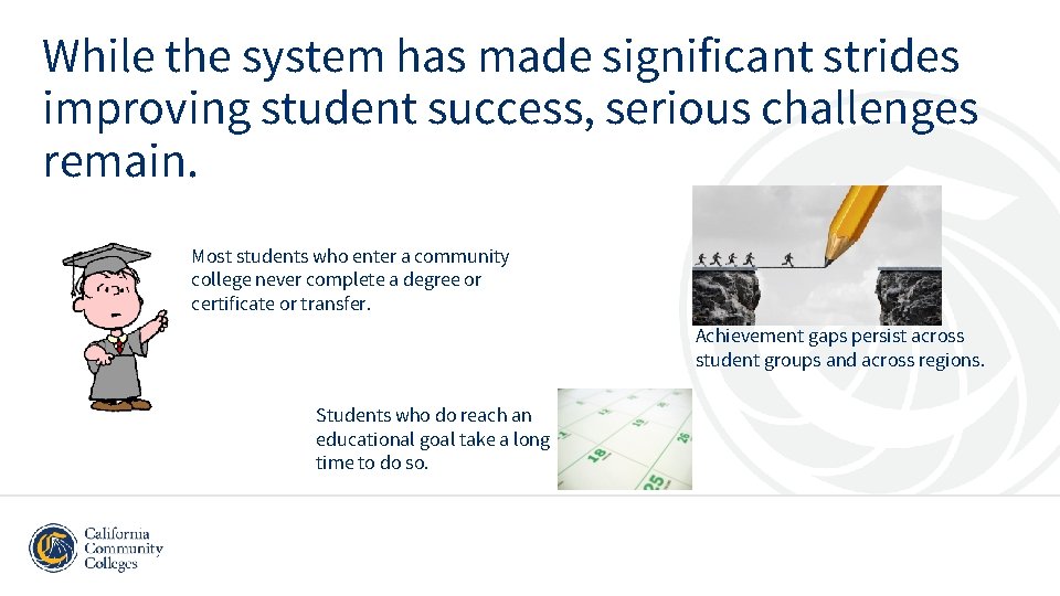 While the system has made significant strides improving student success, serious challenges remain. Most