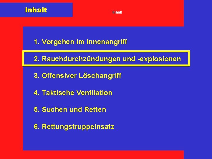 Inhalt 1. Vorgehen im Innenangriff 2. Rauchdurchzündungen und -explosionen 3. Offensiver Löschangriff 4. Taktische