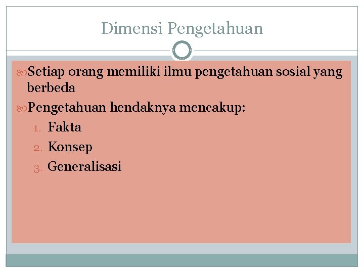 Dimensi Pengetahuan Setiap orang memiliki ilmu pengetahuan sosial yang berbeda Pengetahuan hendaknya mencakup: 1.