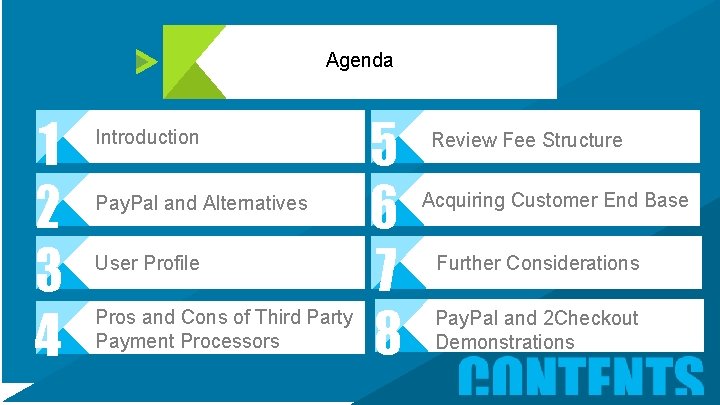 Agenda 1 2 3 4 Introduction Pay. Pal and Alternatives User Profile Pros and