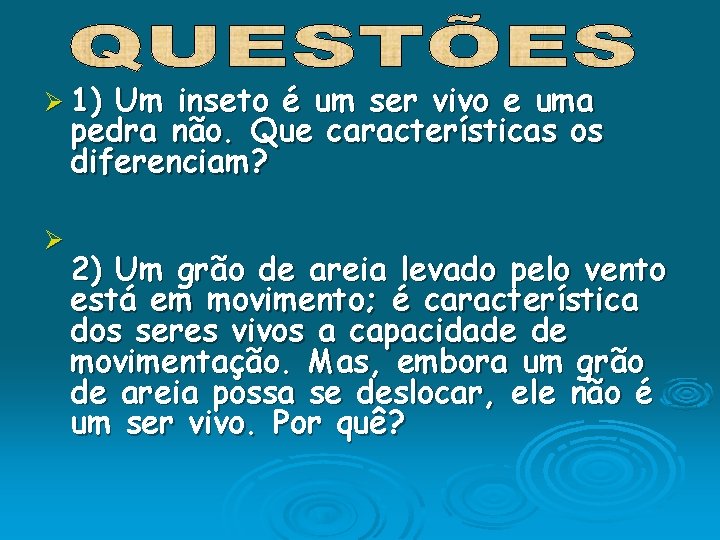 Ø 1) Um inseto é um ser vivo e uma pedra não. Que características