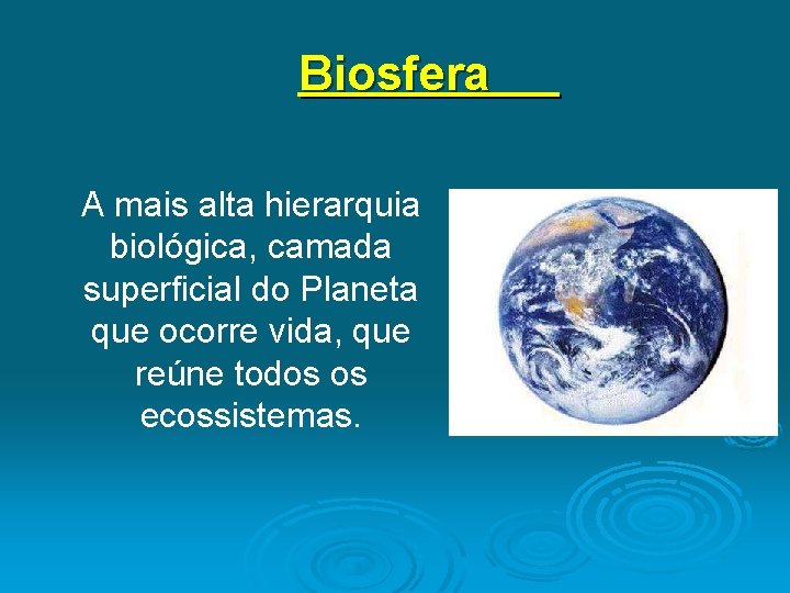 Biosfera A mais alta hierarquia biológica, camada superficial do Planeta que ocorre vida, que