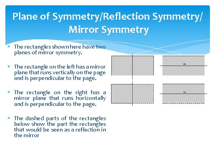 Plane of Symmetry/Reflection Symmetry/ Mirror Symmetry The rectangles shown here have two planes of