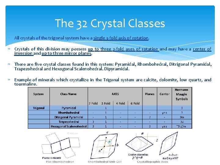 The 32 Crystal Classes All crystals of the trigonal system have a single 3