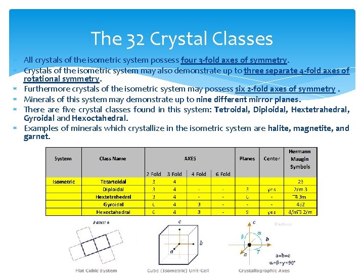 The 32 Crystal Classes All crystals of the isometric system possess four 3 -fold