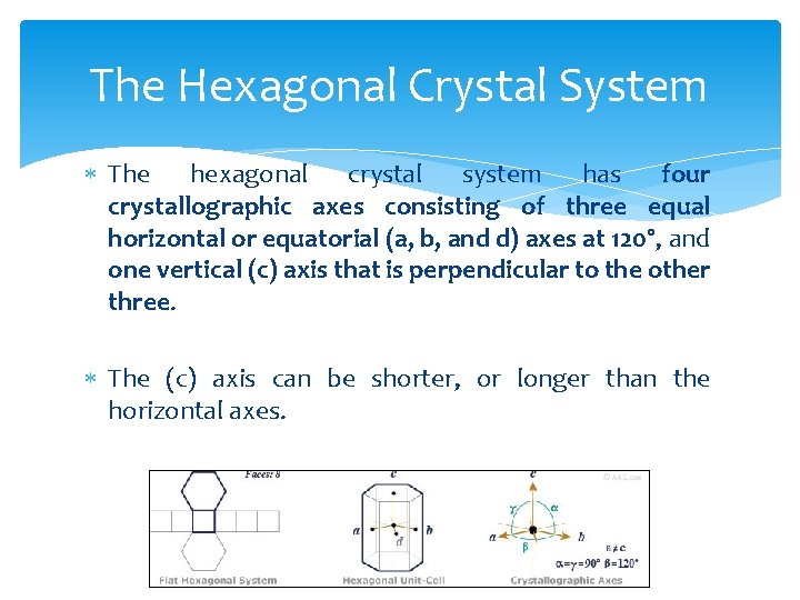 The Hexagonal Crystal System The hexagonal crystal system has four crystallographic axes consisting of