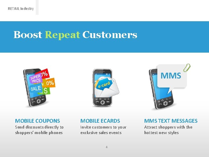 RETAIL Industry Boost Repeat Customers MMS MOBILE COUPONS Send discounts directly to shoppers’ mobile