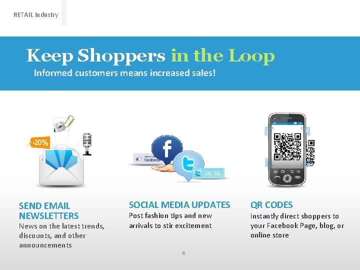 RETAIL Industry Keep Shoppers in the Loop Informed customers means increased sales! SEND EMAIL