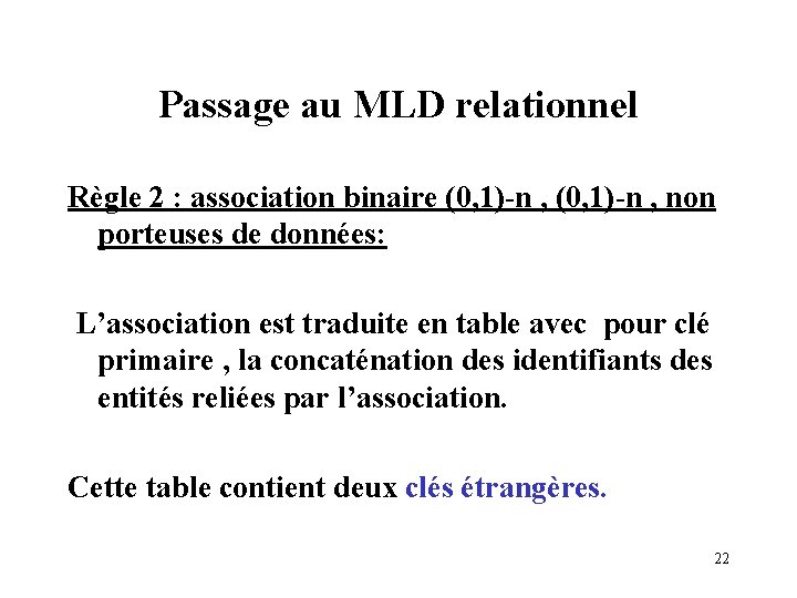 Passage au MLD relationnel Règle 2 : association binaire (0, 1)-n , non porteuses