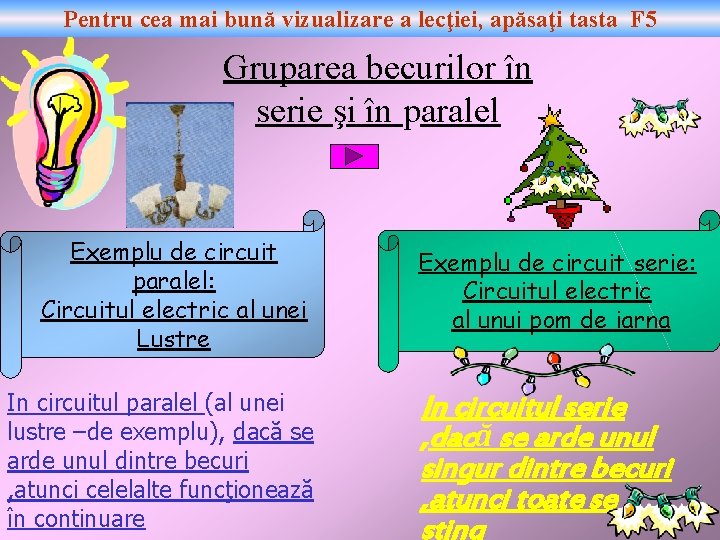 Pentru cea mai bună vizualizare a lecţiei, apăsaţi tasta F 5 Gruparea becurilor în