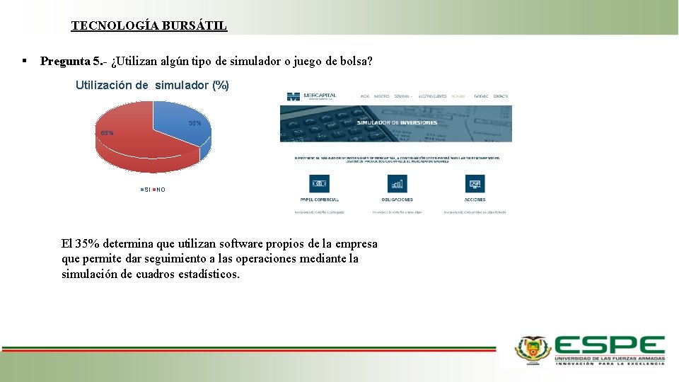 TECNOLOGÍA BURSÁTIL Pregunta 5. - ¿Utilizan algún tipo de simulador o juego de bolsa? TECNOLOGÍA BURSÁTIL Pregunta 5. - ¿Utilizan algún tipo de simulador o juego de bolsa?