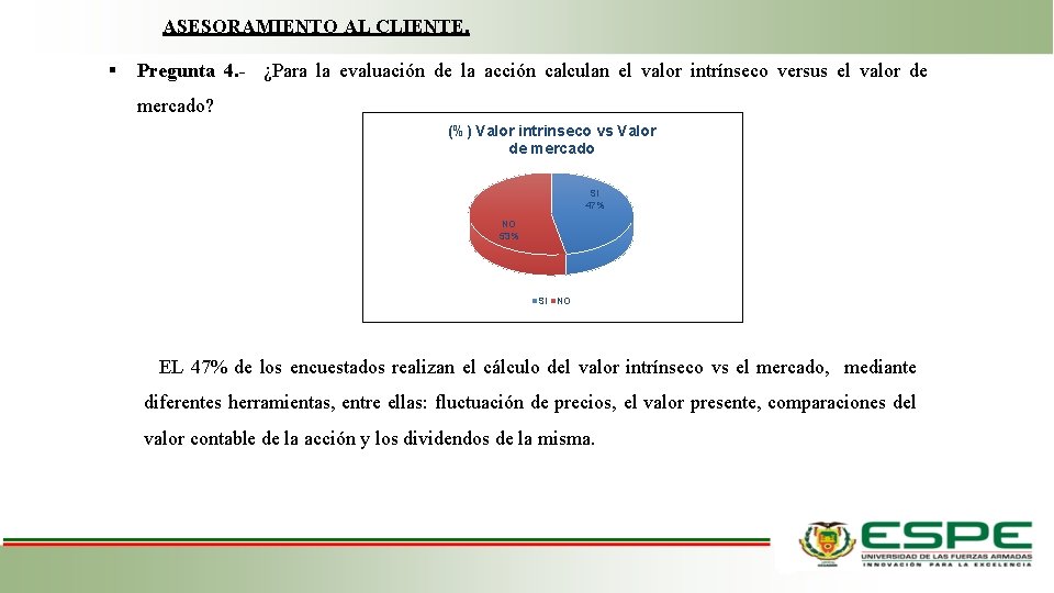 ASESORAMIENTO AL CLIENTE. Pregunta 4. - ¿Para la evaluación de la acción calculan el ASESORAMIENTO AL CLIENTE. Pregunta 4. - ¿Para la evaluación de la acción calculan el