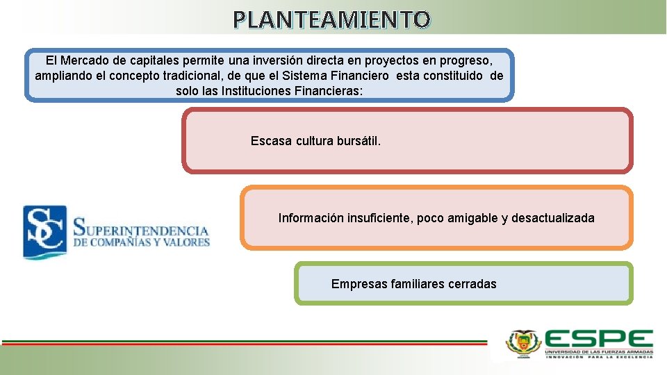 PLANTEAMIENTO El Mercado de capitales permite una inversión directa en proyectos en progreso, ampliando PLANTEAMIENTO El Mercado de capitales permite una inversión directa en proyectos en progreso, ampliando