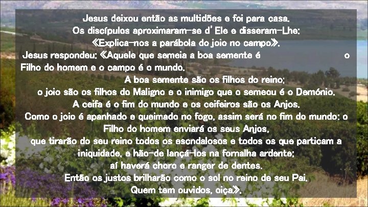 Jesus deixou então as multidões e foi para casa. Os discípulos aproximaram-se d’Ele e