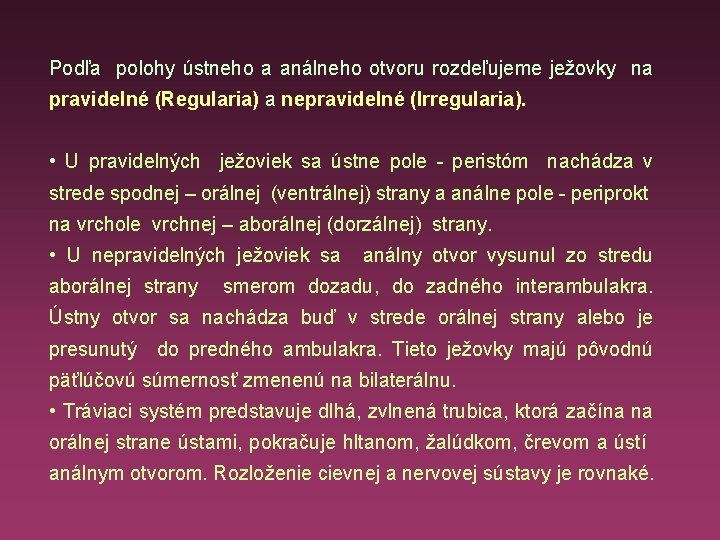 Podľa polohy ústneho a análneho otvoru rozdeľujeme ježovky na pravidelné (Regularia) a nepravidelné (Irregularia).