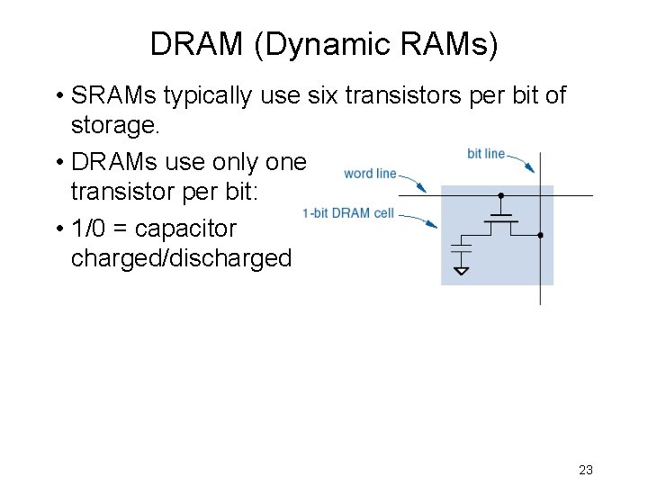 DRAM (Dynamic RAMs) • SRAMs typically use six transistors per bit of storage. •