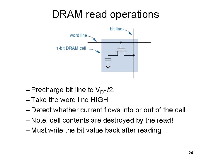 DRAM read operations – Precharge bit line to VDD/2. – Take the word line