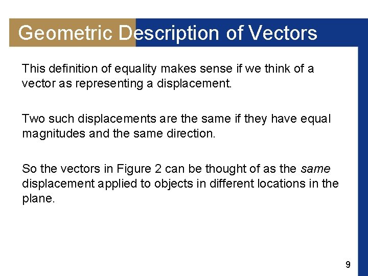 Geometric Description of Vectors This definition of equality makes sense if we think of