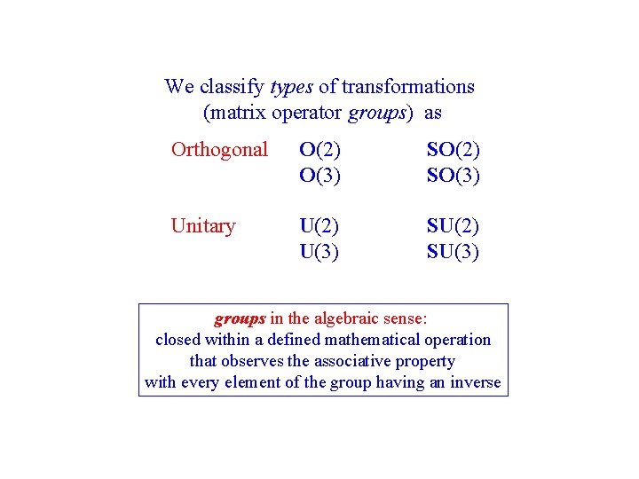 We classify types of transformations (matrix operator groups) as Orthogonal O(2) O(3) SO(2) SO(3) We classify types of transformations (matrix operator groups) as Orthogonal O(2) O(3) SO(2) SO(3)