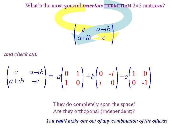 What’s the most general traceless HERMITIAN 2 2 matrices? c a-ib a+ib -c and What’s the most general traceless HERMITIAN 2 2 matrices? c a-ib a+ib -c and