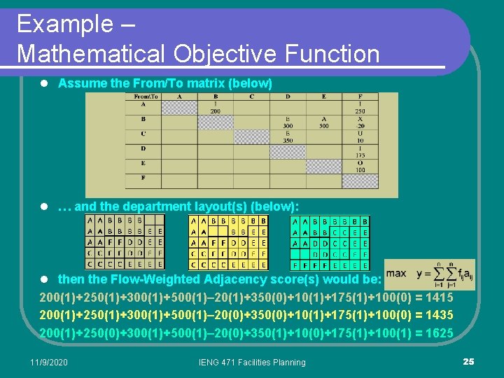 Example – Mathematical Objective Function l Assume the From/To matrix (below) l … and Example – Mathematical Objective Function l Assume the From/To matrix (below) l … and