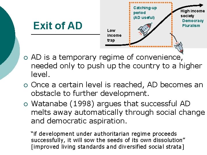 Catching-up period (AD useful) Exit of AD ¡ ¡ ¡ High income society Democracy