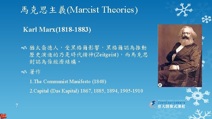 馬克思主義(Marxist Theories) Karl Marx(1818 -1883) 猶太裔德人，受黑格爾影響，黑格爾認為推動 歷史演進的乃是時代精神(Zeitgeist)，而馬克思 則認為係經濟結構。 著作 1. The Communist Manifesto (1848)