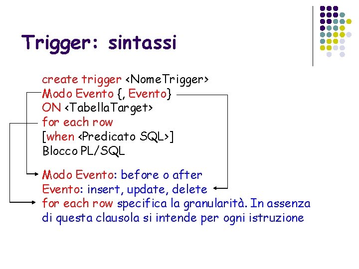 Trigger: sintassi create trigger <Nome. Trigger> Modo Evento {, Evento} ON <Tabella. Target> for
