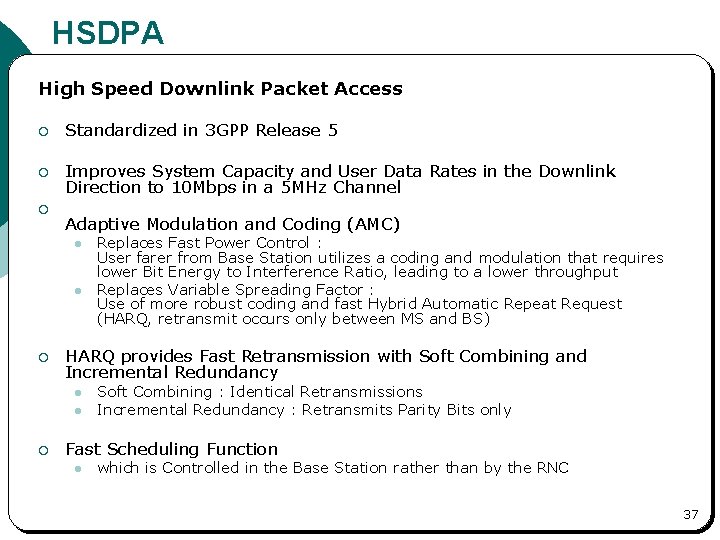 HSDPA High Speed Downlink Packet Access ¡ Standardized in 3 GPP Release 5 ¡