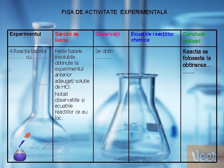FISA DE ACTIVITATE EXPERIMENTALĂ Experimentul Sarcini de lucru Observații 4. Reacția bazelor ………. .