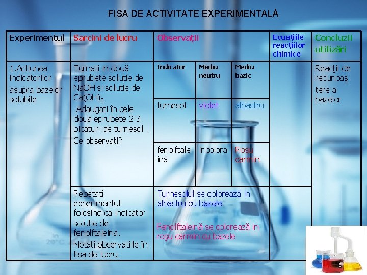 FISA DE ACTIVITATE EXPERIMENTALĂ Experimentul Sarcini de lucru Observații 1. Actiunea indicatorilor asupra bazelor