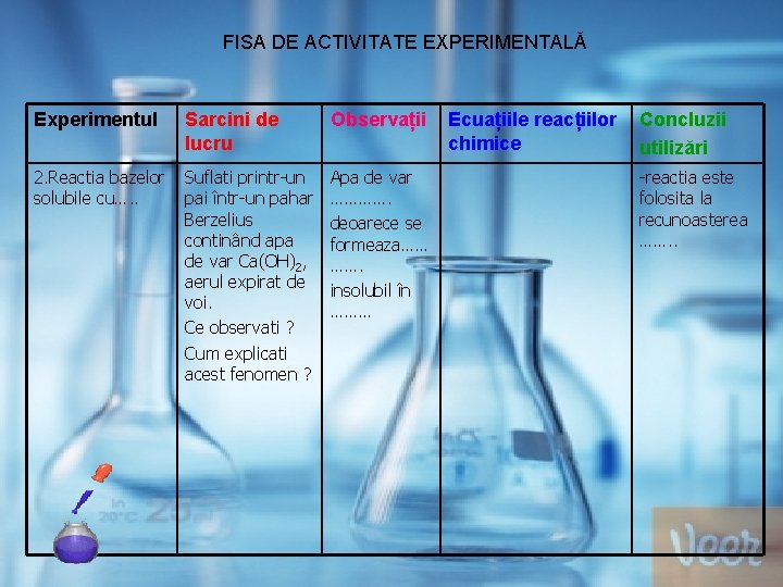 FISA DE ACTIVITATE EXPERIMENTALĂ Experimentul Sarcini de lucru Observații 2. Reactia bazelor solubile cu….