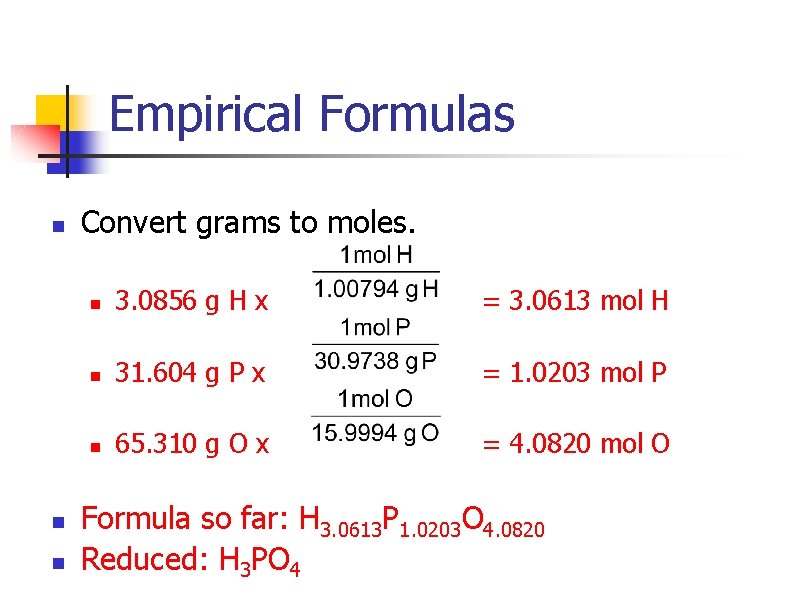 Empirical Formulas n n n Convert grams to moles. n 3. 0856 g H