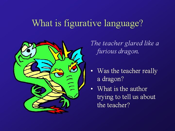 What is figurative language? The teacher glared like a furious dragon. • Was the