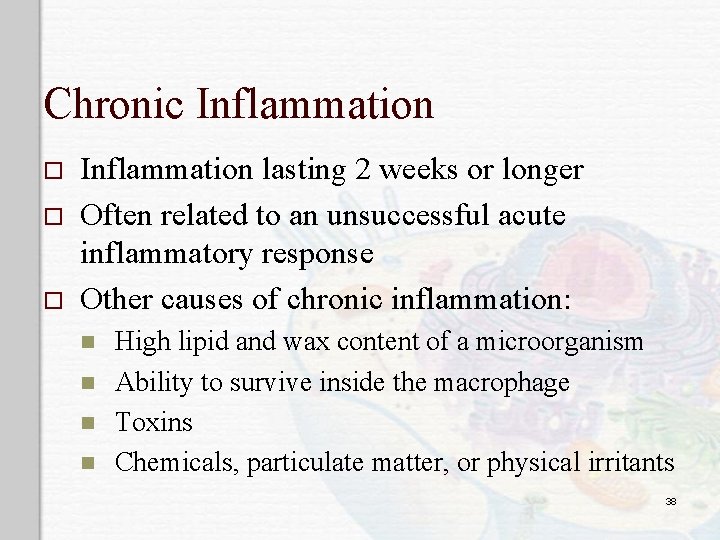 Chronic Inflammation o o o Inflammation lasting 2 weeks or longer Often related to