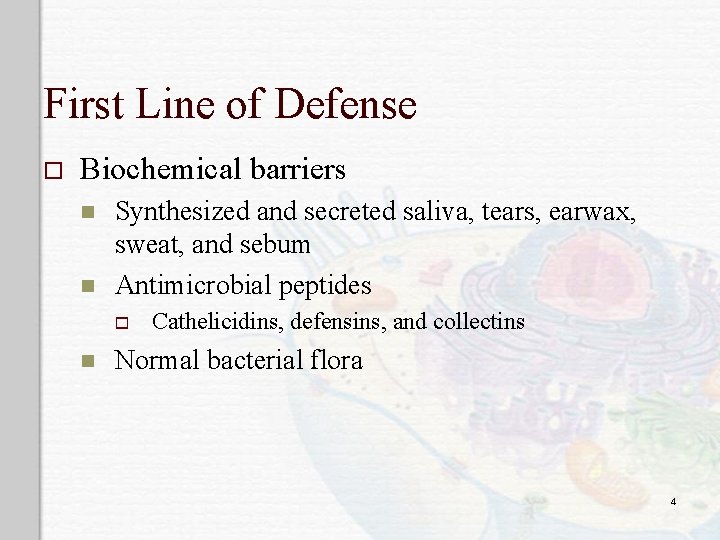 First Line of Defense o Biochemical barriers n n Synthesized and secreted saliva, tears,